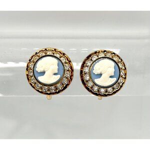VINTAGE WEDGWOOD STYLE RHINESTONE BLUE WHITE CAMEO GOLD TONE SCREW BACK EARRINGS